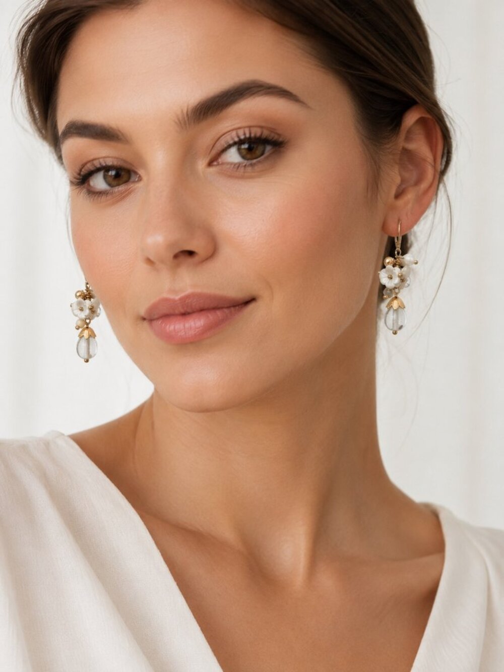 Anthropologie White Floral Beaded Cluster Leverback Drop Earrings Gold Tone